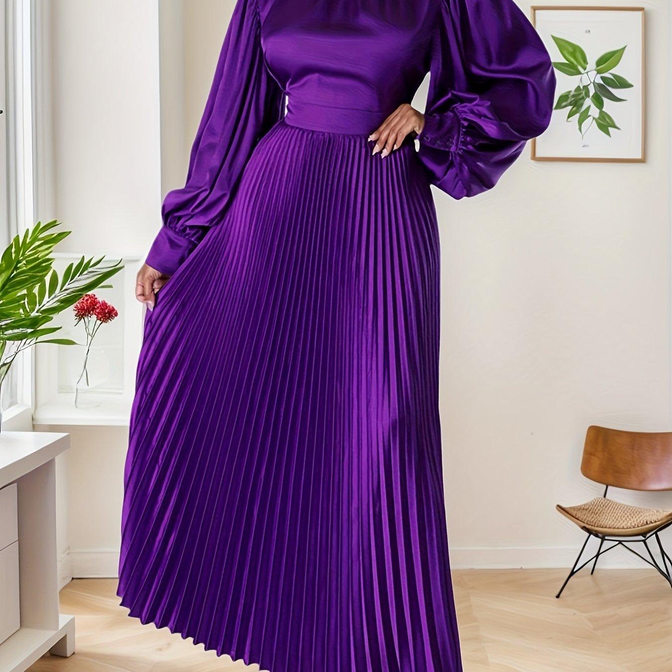 Elegant Women Long Skirt Round Neck Pleated High Waisted Long Sleeved Synthetic Silky Dress Spring Summer, Party Outfit-Elegant Fashion Styles