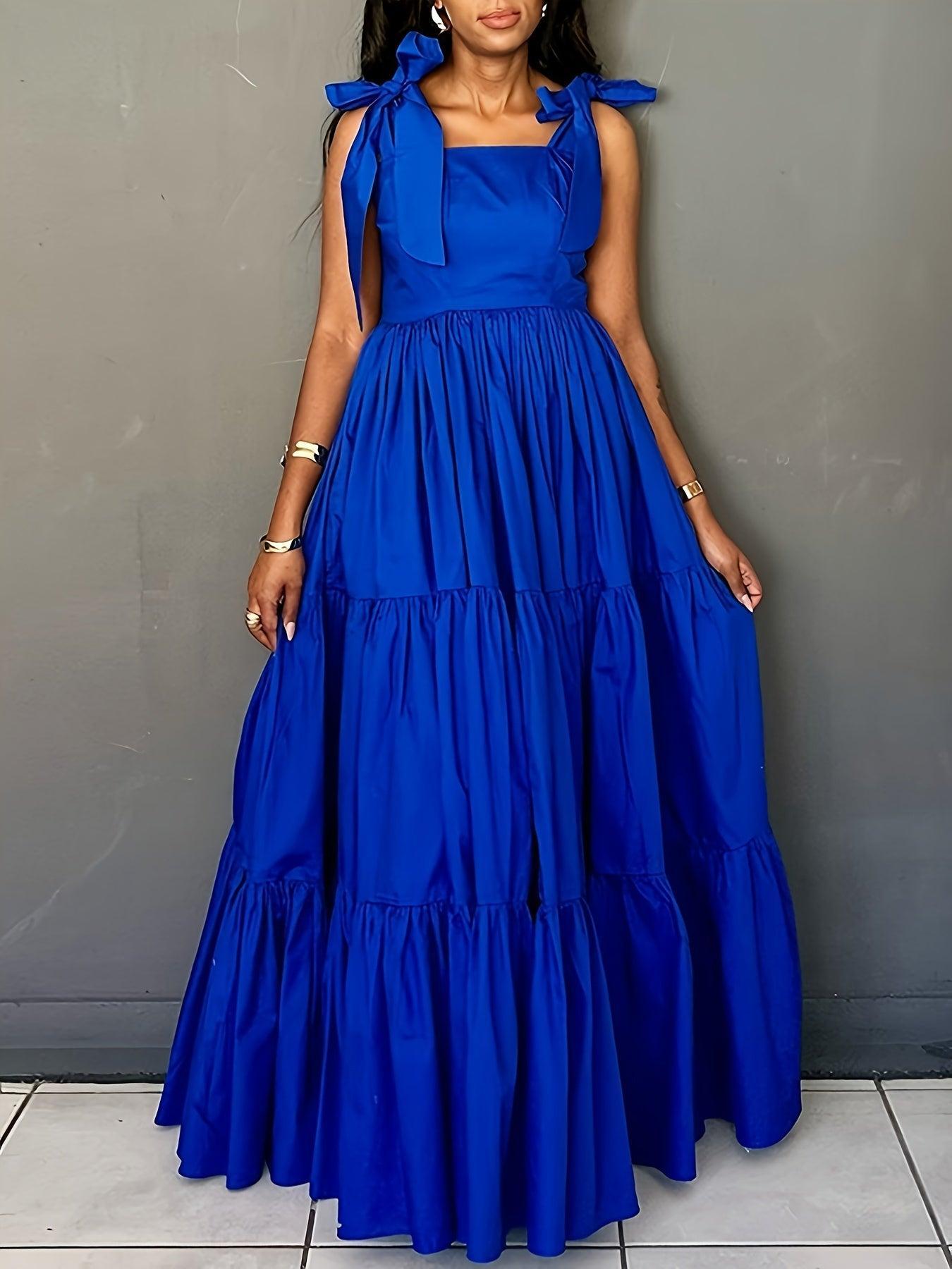Solid Color Tie Shoulder Dress Sleeveless Tiered Hem Floor Length Dress-Elegant Fashion Styles