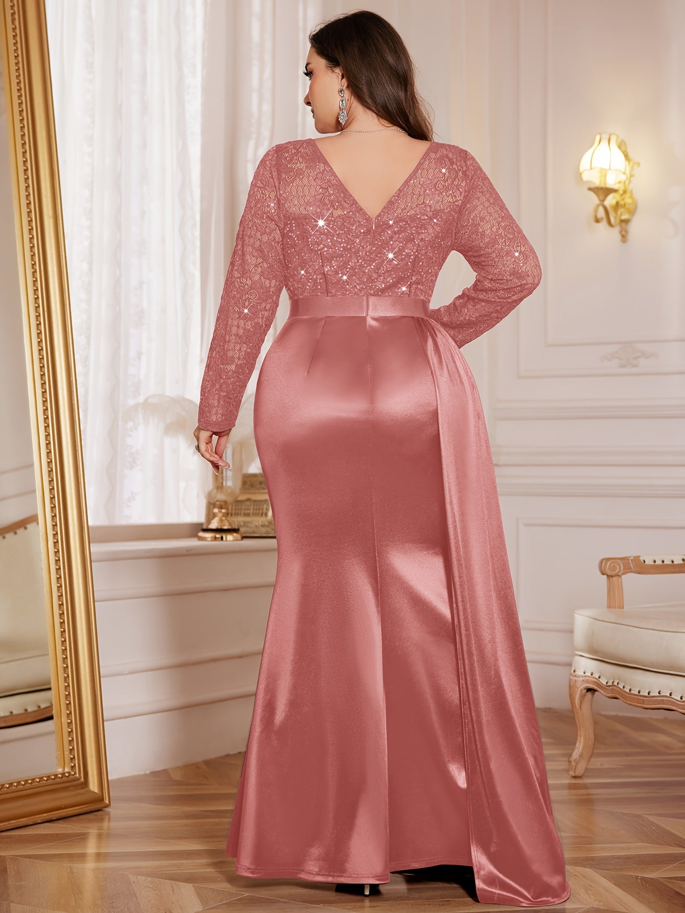 Elegant Plus-Size Long Dress with a V-Neck Satin Slit Evening Party Dress.-Elegant Fashion Styles