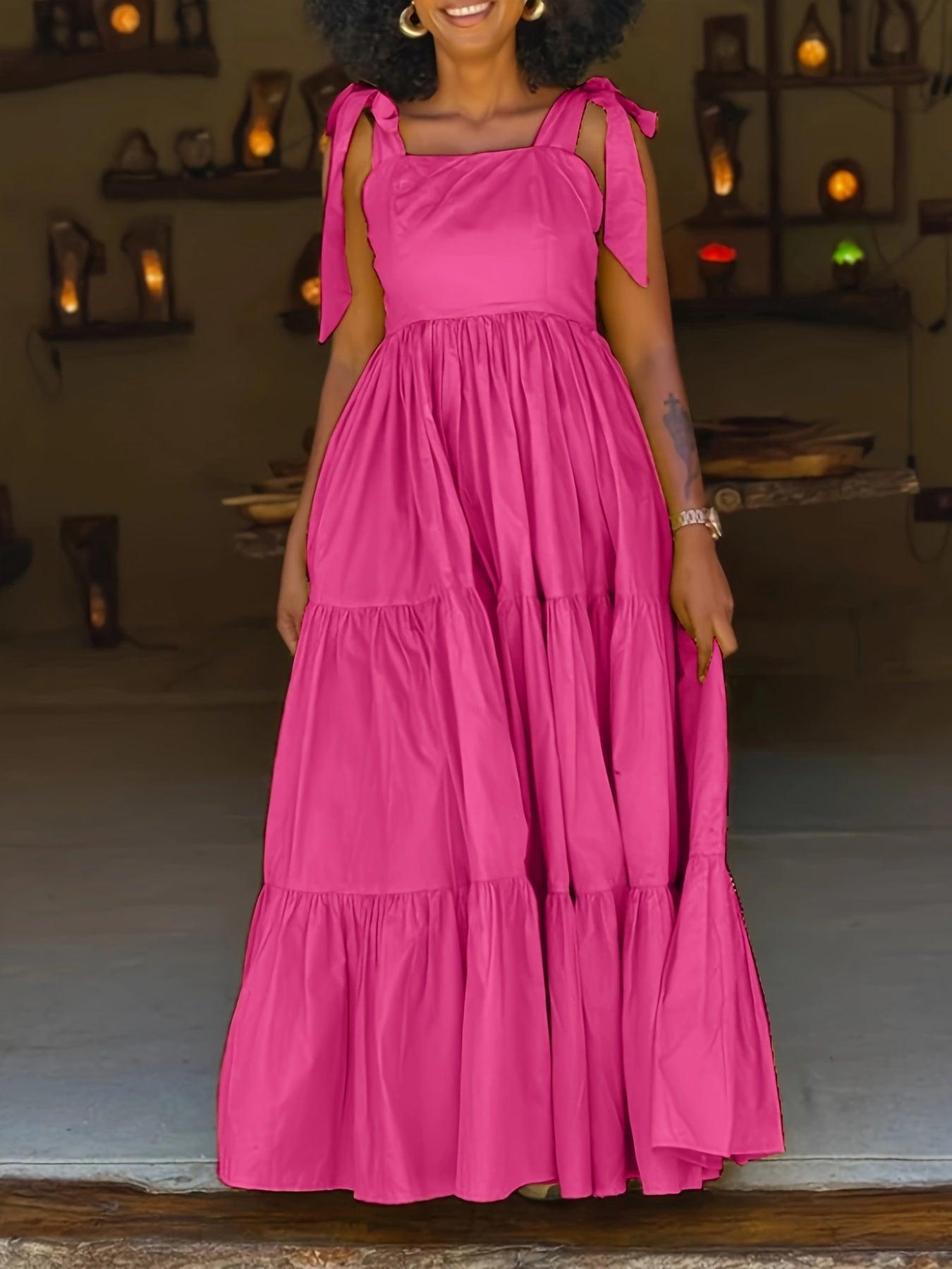 Solid Color Tie Shoulder Dress Sleeveless Tiered Hem Floor Length Dress-Elegant Fashion Styles