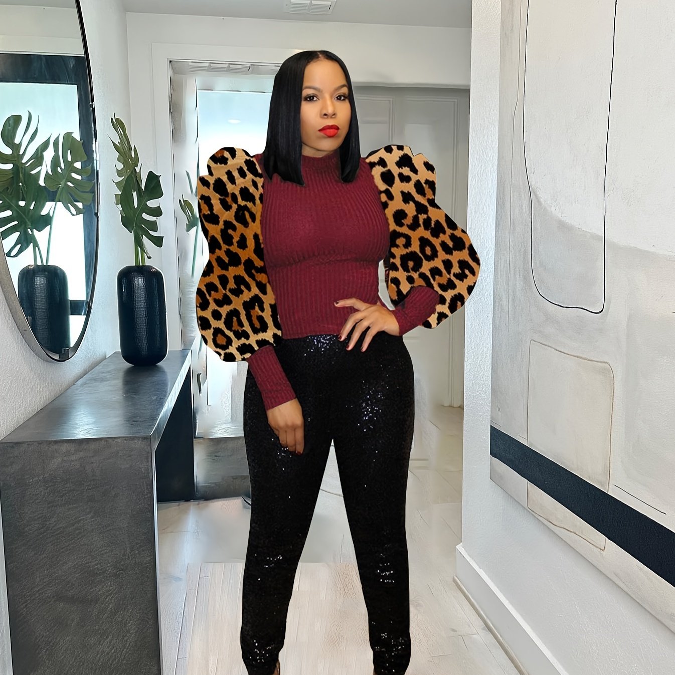 Leopard Print Crew Neck T-Shirt Puff Sleeve Women's Clothing-Elegant Fashion Styles