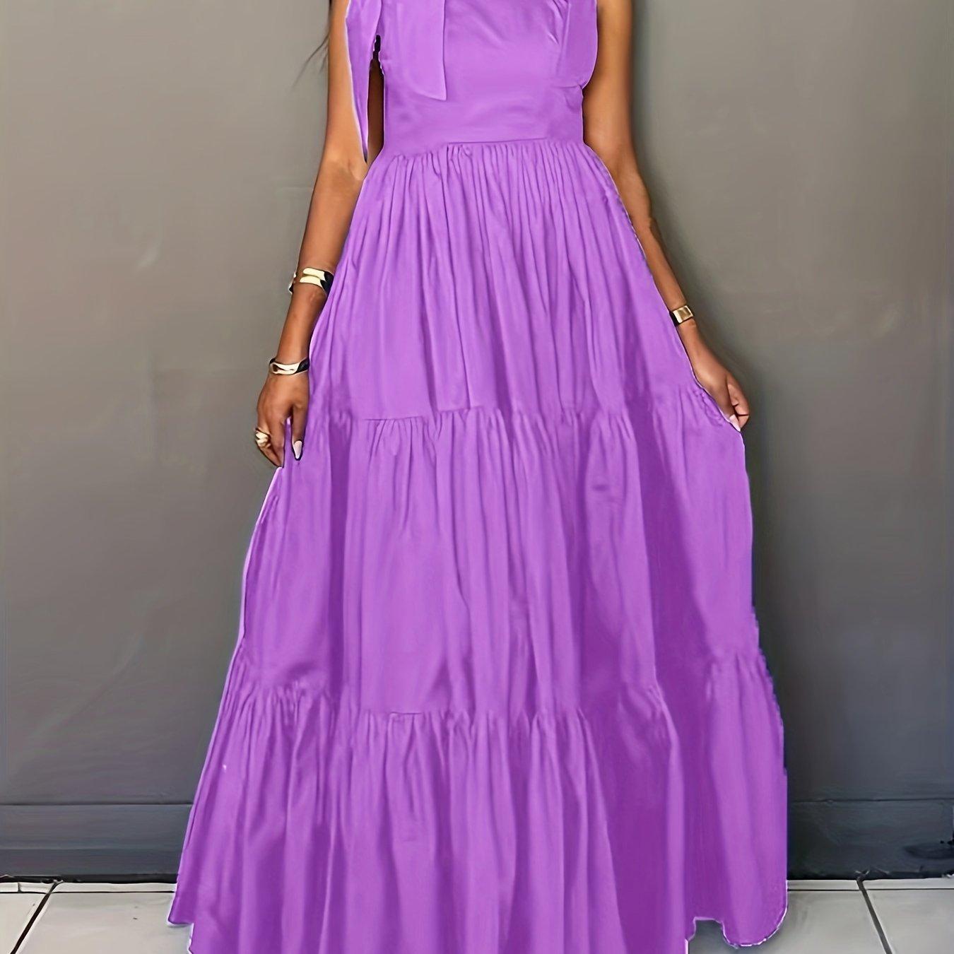 Solid Color Tie Shoulder Dress Sleeveless Tiered Hem Floor Length Dress-Elegant Fashion Styles