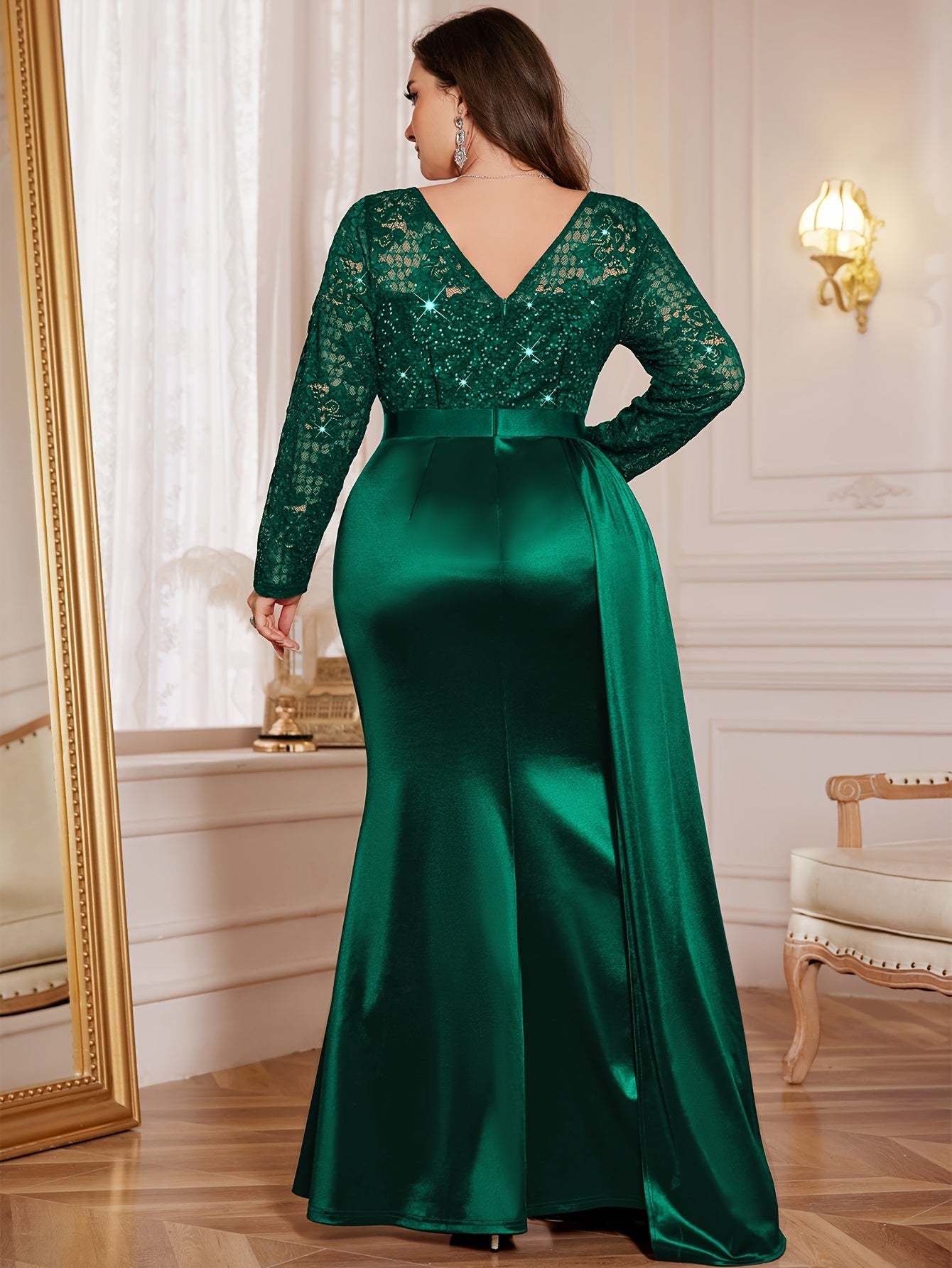 Elegant Plus-Size Long Dress with a V-Neck Satin Slit Evening Party Dress.-Elegant Fashion Styles