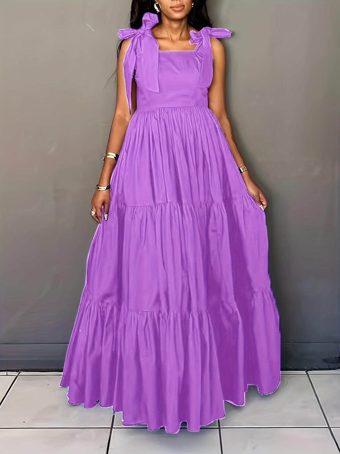 Solid Color Tie Shoulder Dress Sleeveless Tiered Hem Floor Length Dress-Elegant Fashion Styles