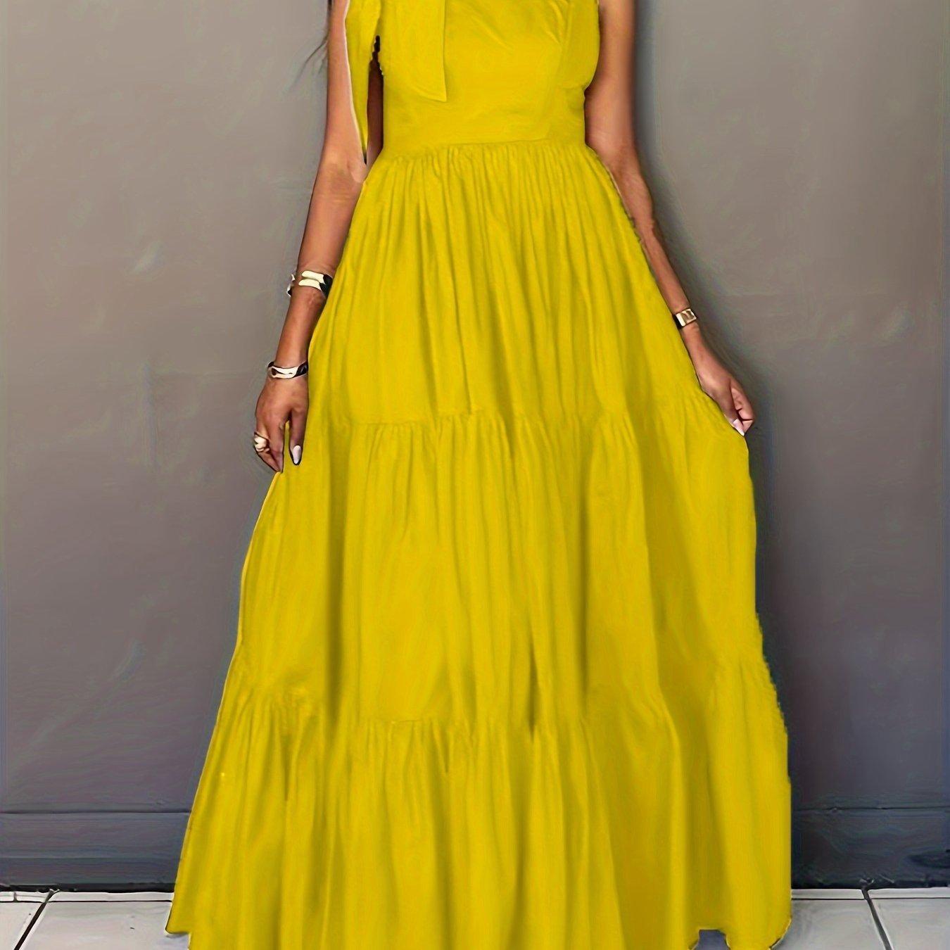 Solid Color Tie Shoulder Dress Sleeveless Tiered Hem Floor Length Dress-Elegant Fashion Styles