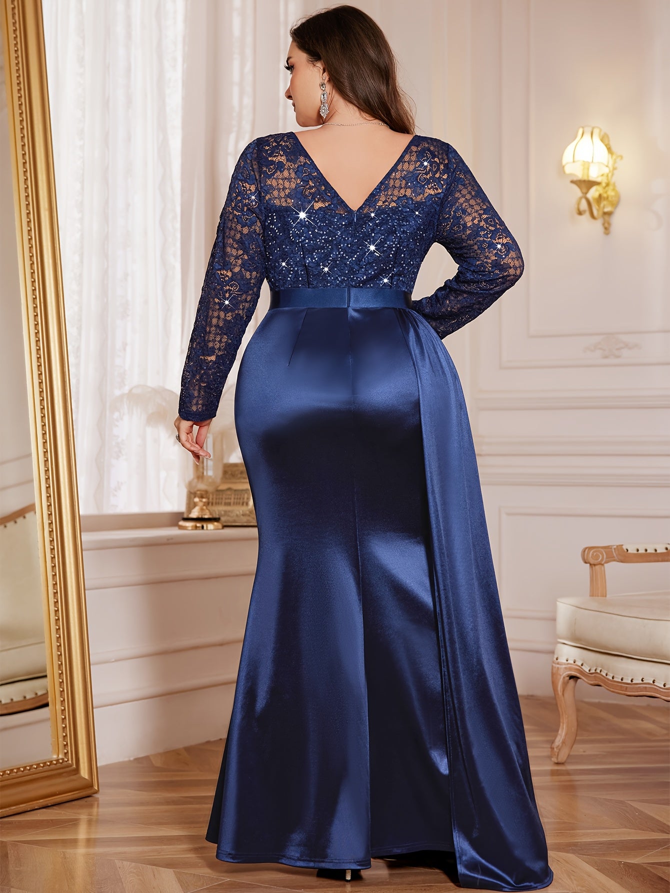 Elegant Plus-Size Long Dress with a V-Neck Satin Slit Evening Party Dress.-Elegant Fashion Styles