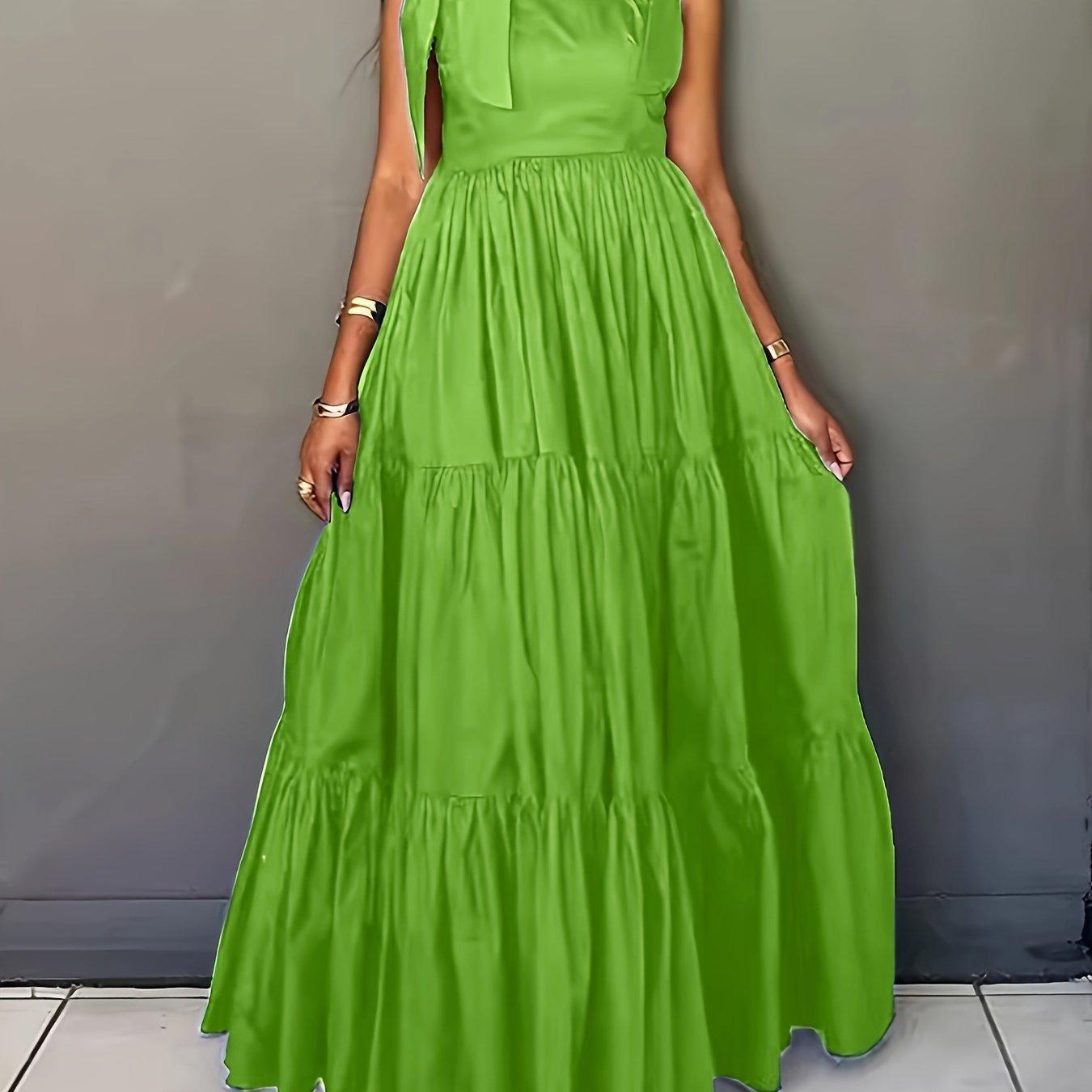 Solid Color Tie Shoulder Dress Sleeveless Tiered Hem Floor Length Dress-Elegant Fashion Styles