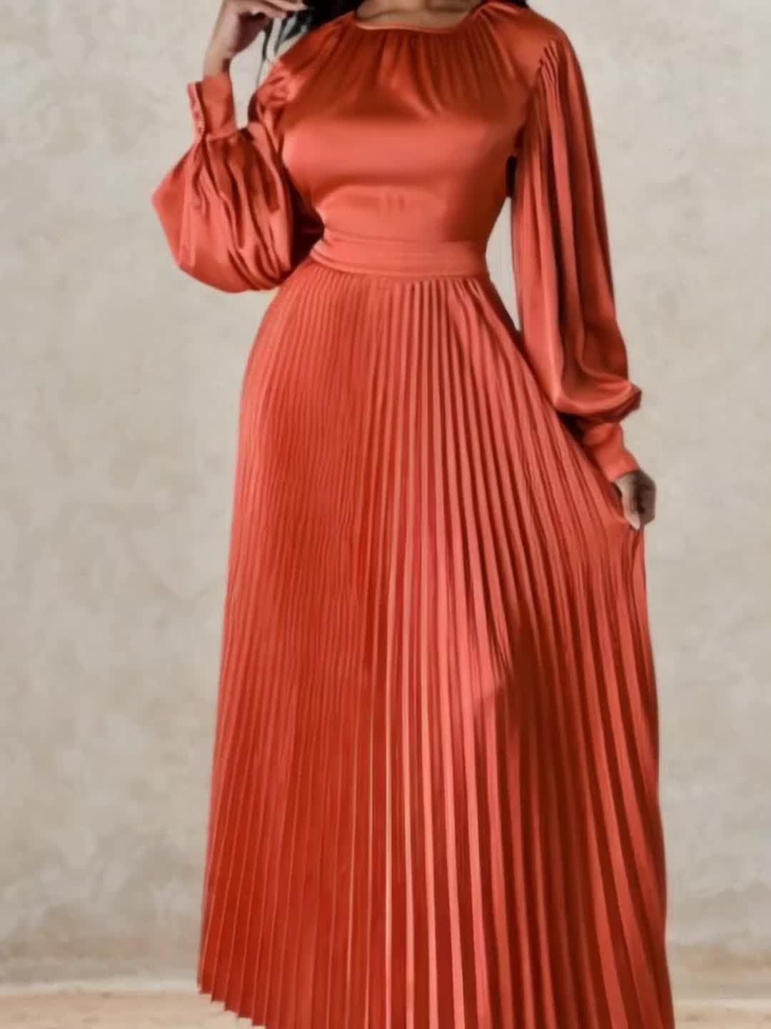 Elegant Women Long Skirt Round Neck Pleated High Waisted Long Sleeved Synthetic Silky Dress Spring Summer, Party Outfit-Elegant Fashion Styles