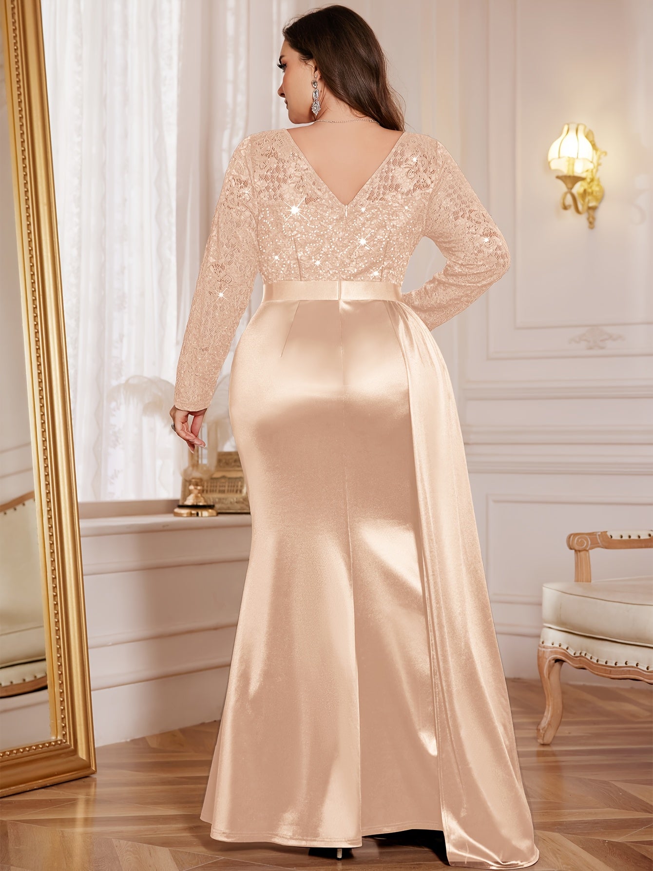 Elegant Plus-Size Long Dress with a V-Neck Satin Slit Evening Party Dress.-Elegant Fashion Styles