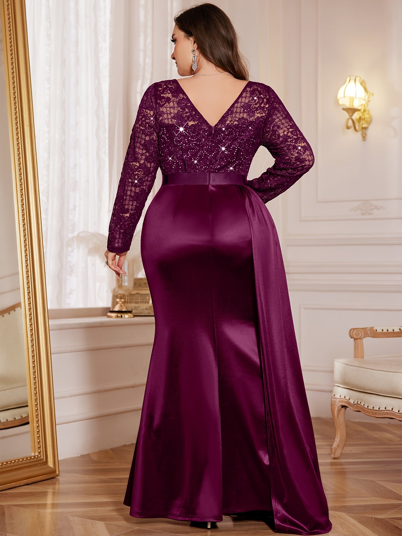 Elegant Plus-Size Long Dress with a V-Neck Satin Slit Evening Party Dress.-Elegant Fashion Styles
