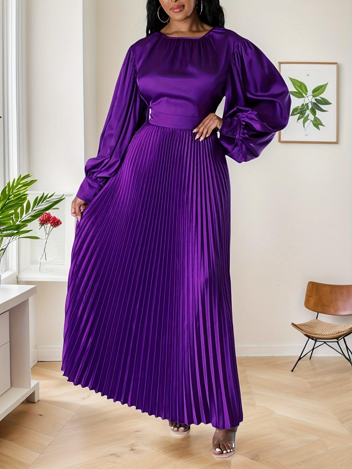 Elegant Women Long Skirt Round Neck Pleated High Waisted Long Sleeved Synthetic Silky Dress Spring Summer, Party Outfit-Elegant Fashion Styles
