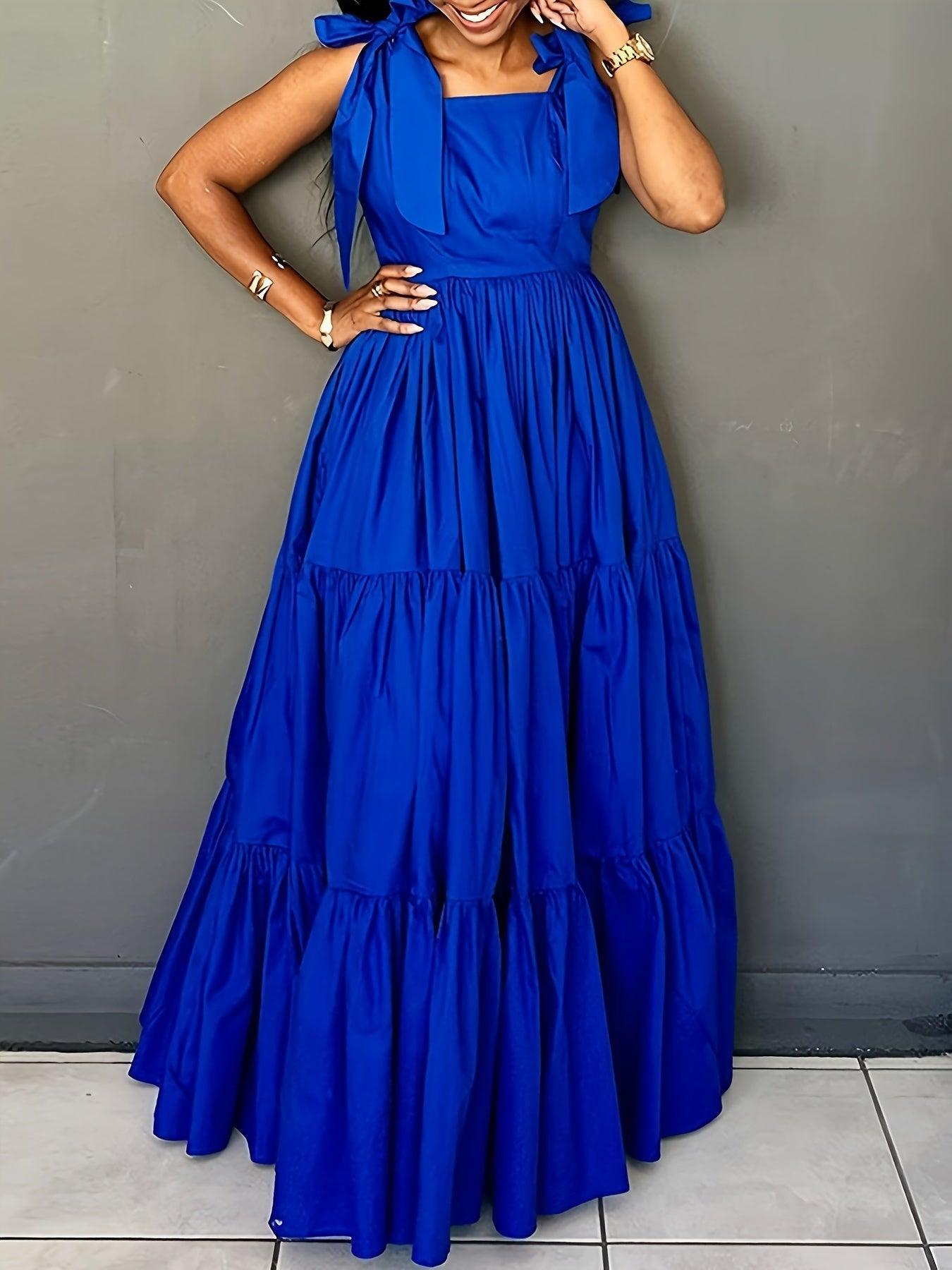 Solid Color Tie Shoulder Dress Sleeveless Tiered Hem Floor Length Dress-Elegant Fashion Styles