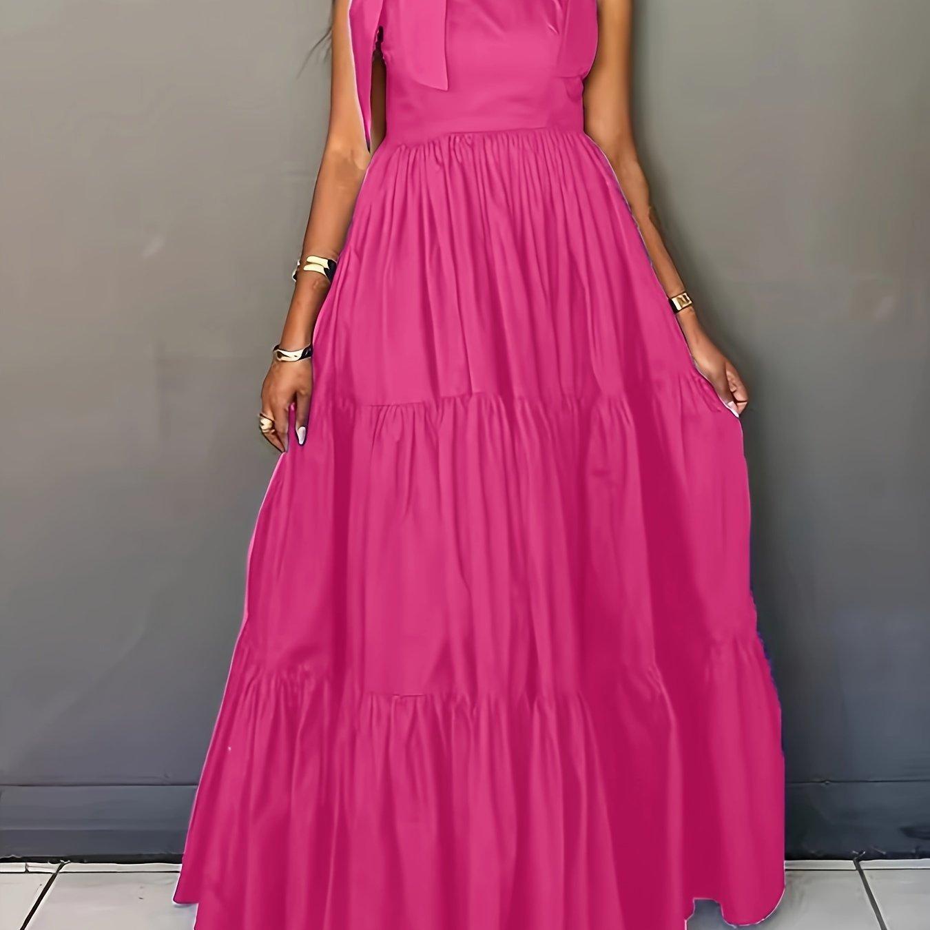 Solid Color Tie Shoulder Dress Sleeveless Tiered Hem Floor Length Dress-Elegant Fashion Styles