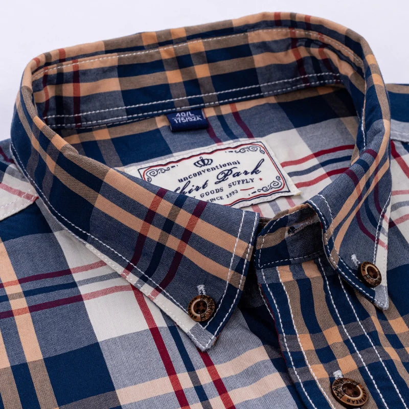England Style Casual Checkered Shirts Pocketless Button-down Cotton Long Sleeve Standard-fit Plaid Shirt