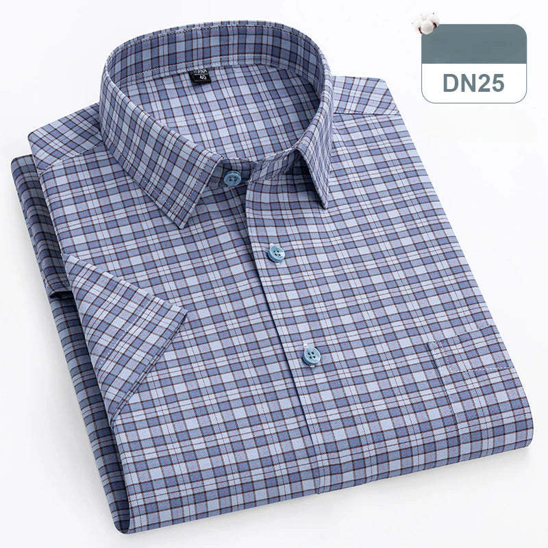 cotton oxford short sleeve shirts men slim fit formal shirt soft plaid office
