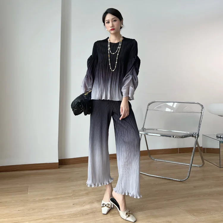 Pleated Pants Set Gradient Bubble Sleeve Loose Women's Two-piece Suit