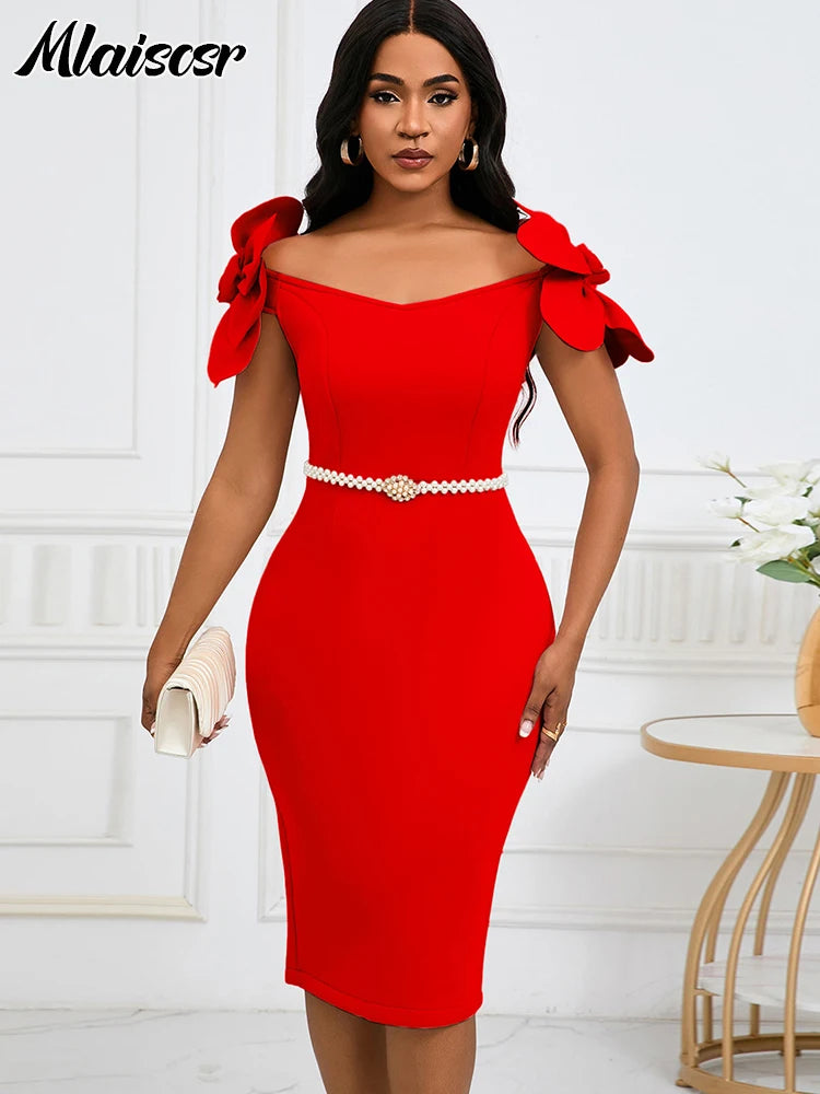 Off the Shoulder Petal Sleeve Mid Dresses with Sashes Woman Clothing
