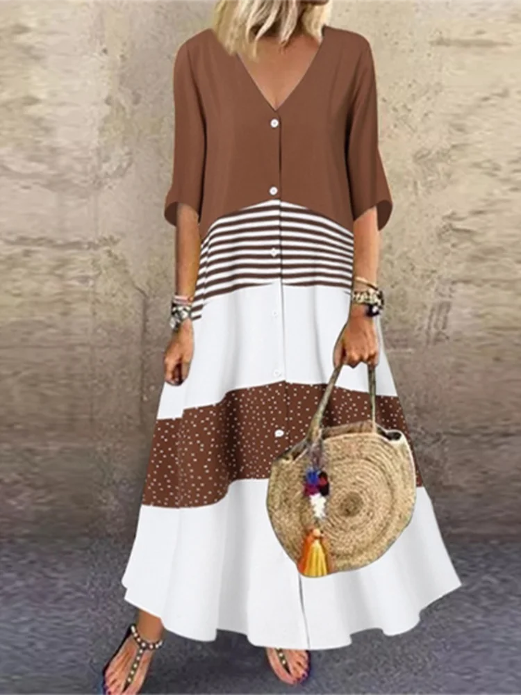 Color Blocked Printed Short Sleeved V-neck Button Up Women's Dress