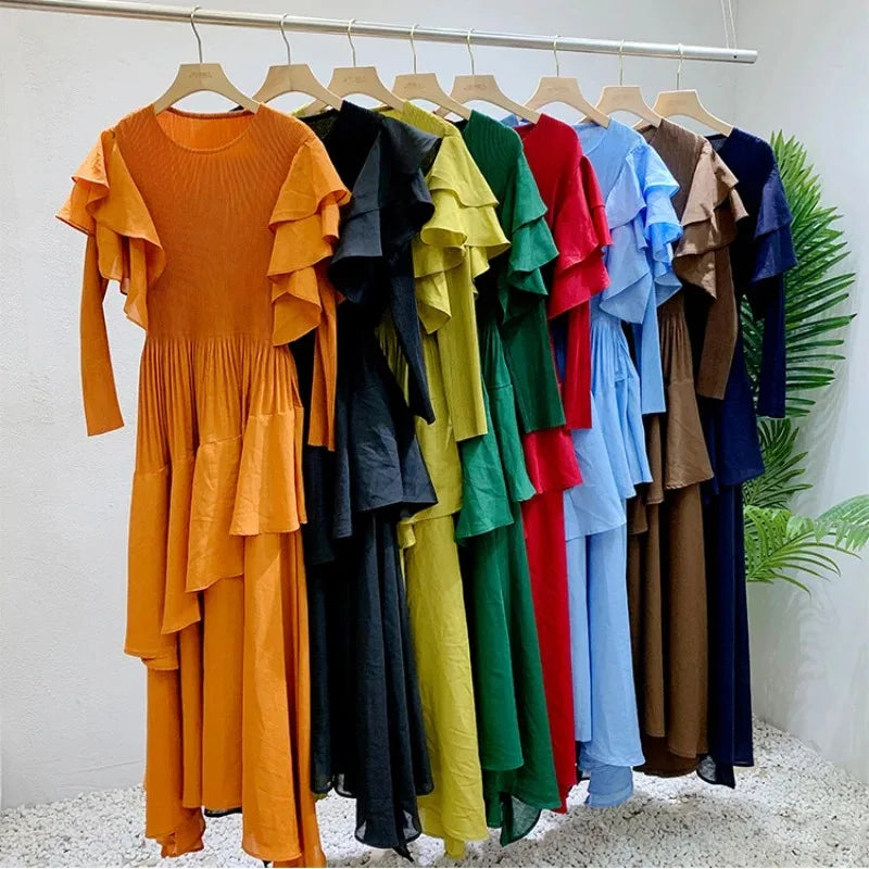 Fashion Pleated Long Dress Long Sleeve Pleated Dresses