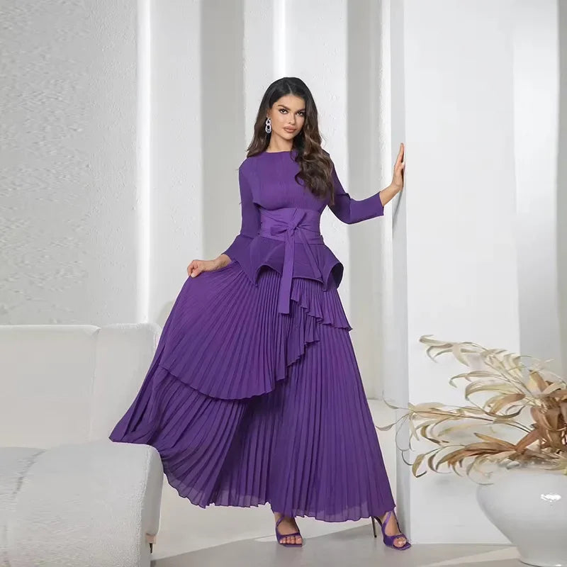 Pleated Women's Suit Irregular Lantern top and Long Skirt Two-piece Set