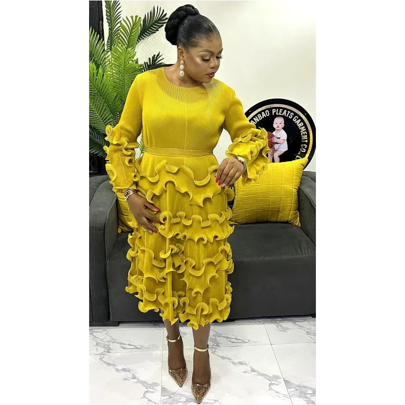 Pleated Elegant Dress Long Sleeve Loose Plus Size Women's Dress