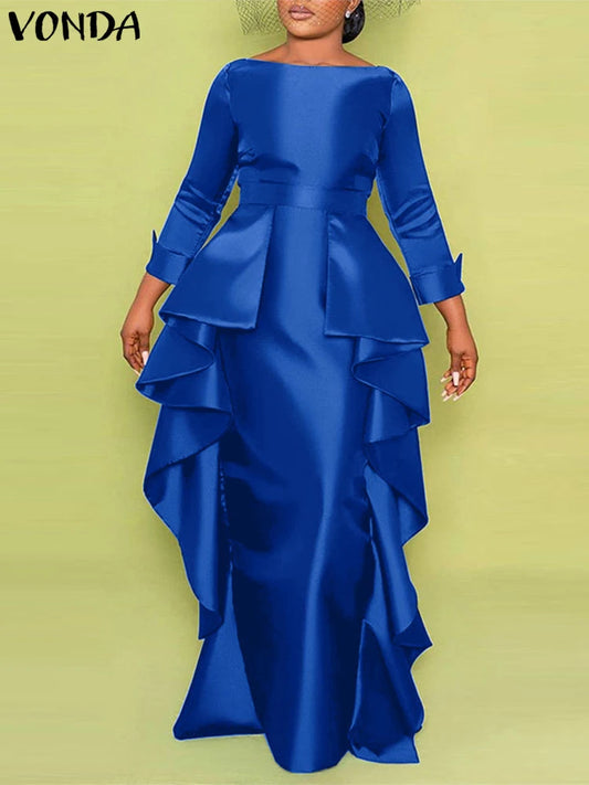 Maxi Long Dress Women Elegant Satin Dress Ruffle Sundress