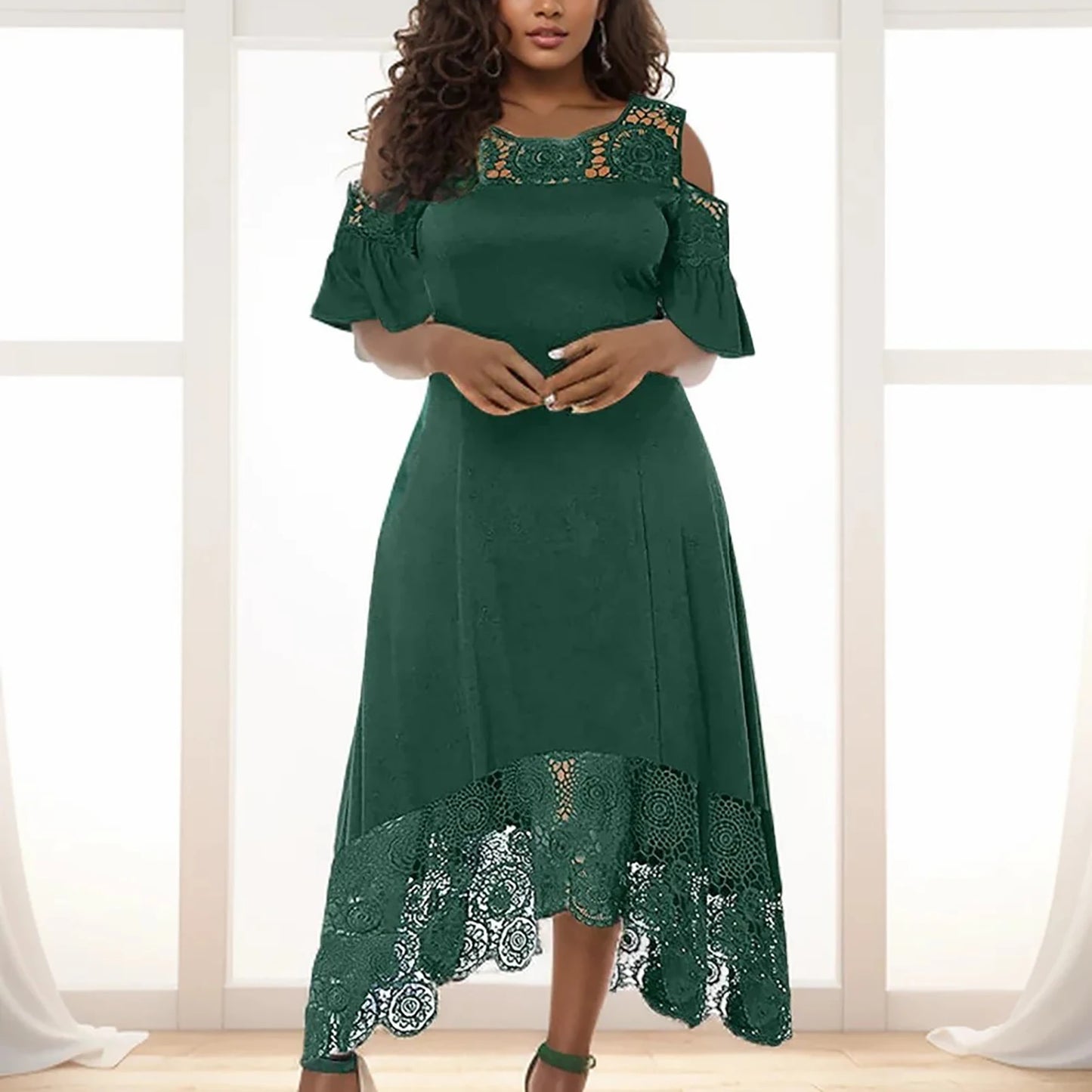 Party Dress Women Elegant Classy Plus Size Summer Round-Neck Off Shoulder Lace Short Sleeve Wedding Guest Dresses