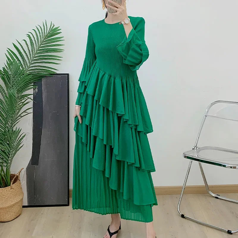 Ruffles Pleated Dress Women Long Sleeves Dresses Party Clothing