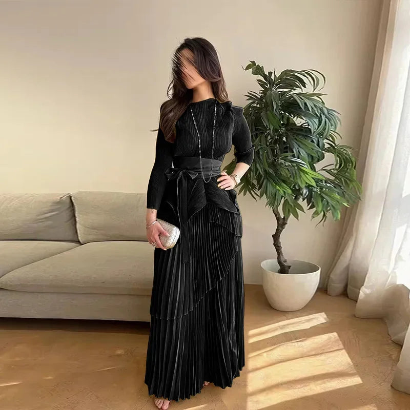 Pleated Women's Suit Irregular Lantern top and Long Skirt Two-piece Set