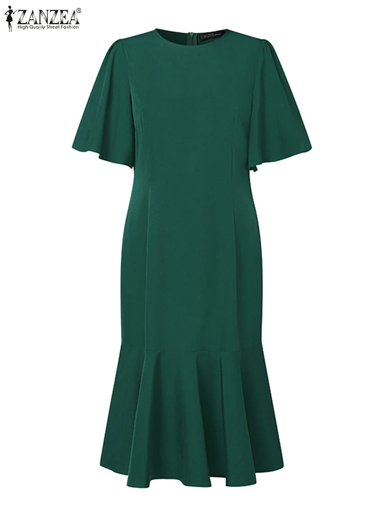 Elegant Women's Mermaid Dresses Short Sleeve O-Neck Ruffled Hem Fitted Partywear