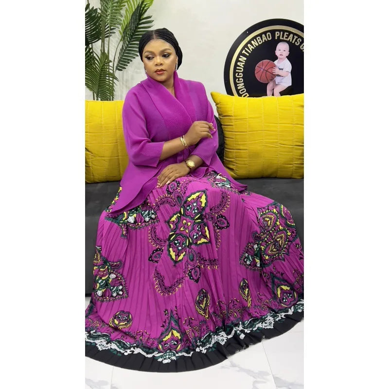 One Size Pleated Elegant Party 2 Piece Set Women Belt Batwing Sleeves Tops A-line Print Folds Long Skirt Fashion New Sets