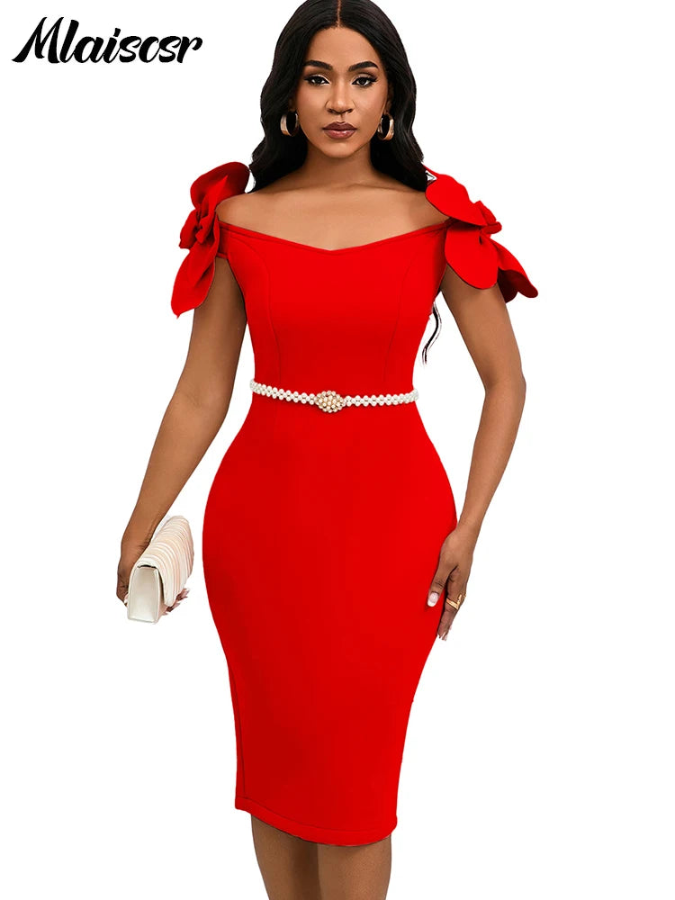 Off the Shoulder Petal Sleeve Mid Dresses with Sashes Woman Clothing
