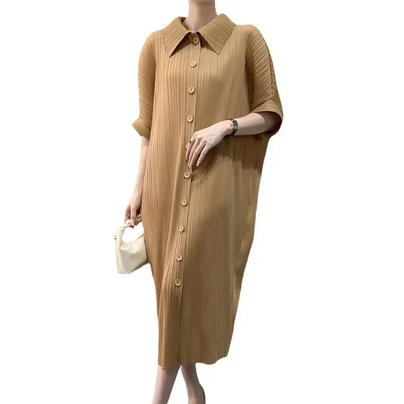 Pleated Dress Women's Loose Plus Size Mid Length Bat Sleeve