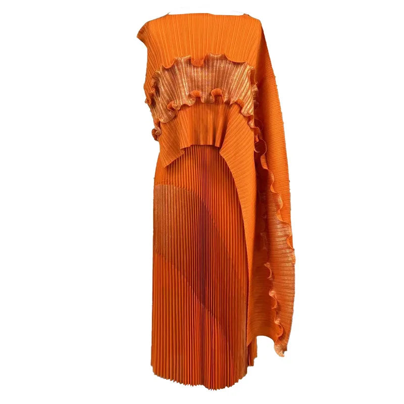 Free Size Pleated Skirt Suit One-shoulder Top + long Skirt Women's 2-piece Set