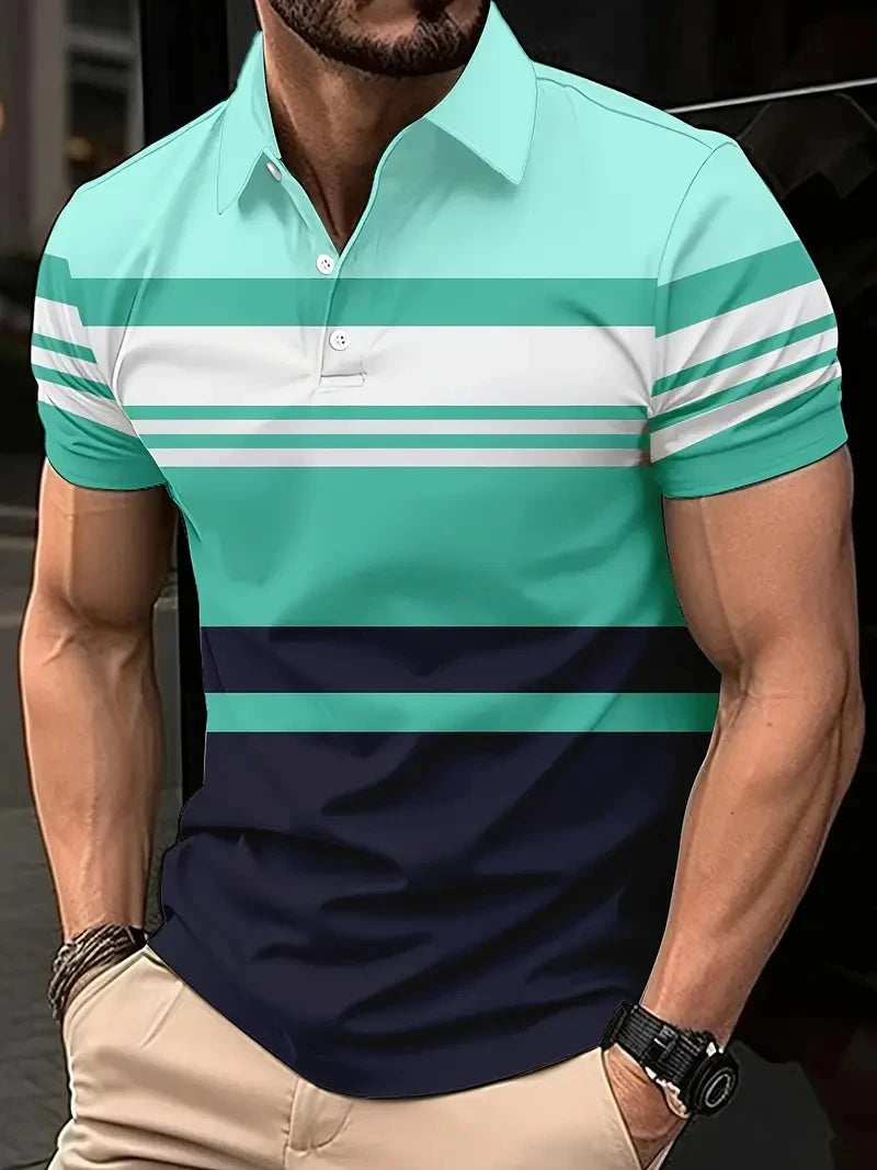 Mens striped summer short sleeved lapel polo shirt business