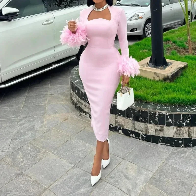 High Waisted Long Sleeve Feather Trim Split Bandage Dress