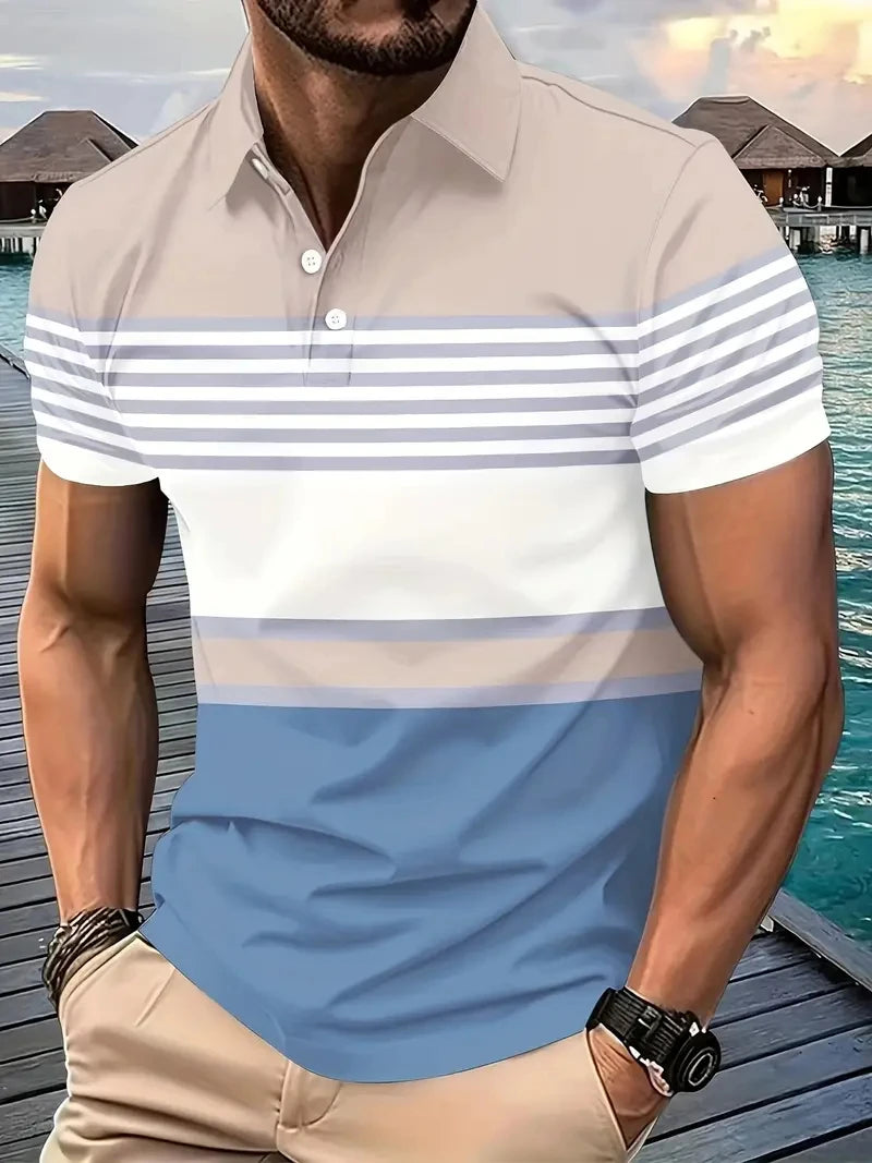 Mens striped summer short sleeved lapel polo shirt business