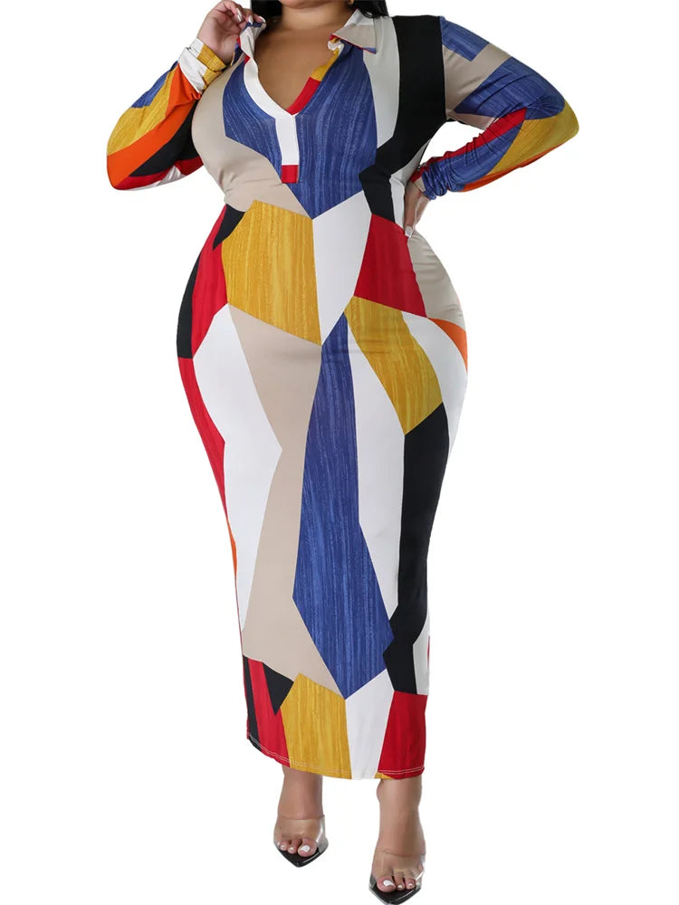 Women Printed Fashion Long Sleeve Bodycon Maxi Dresses