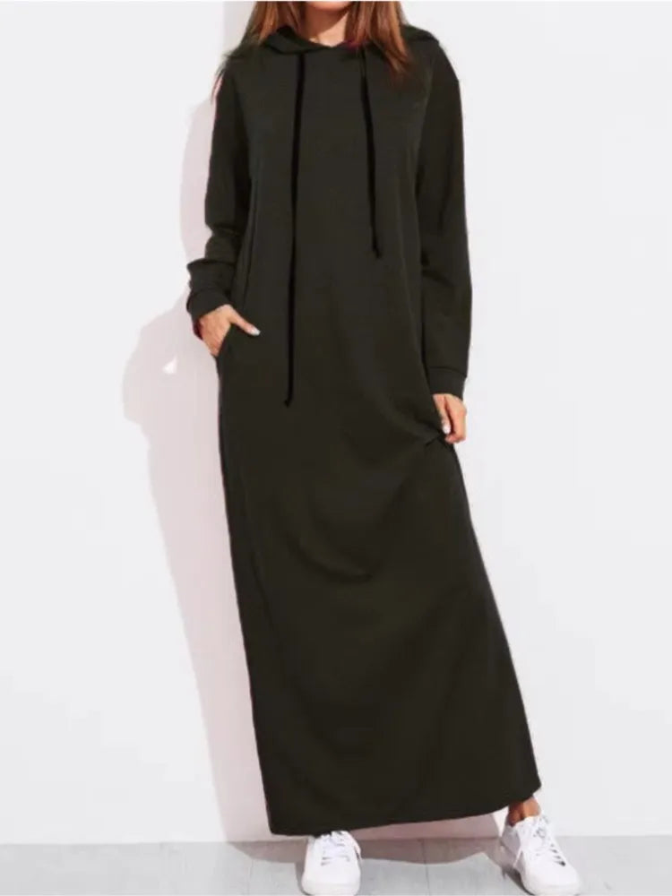 Autumn And Winter Women's Long Sleeve Hooded Sweatshirt Dress Black Elegant Casual Dresses