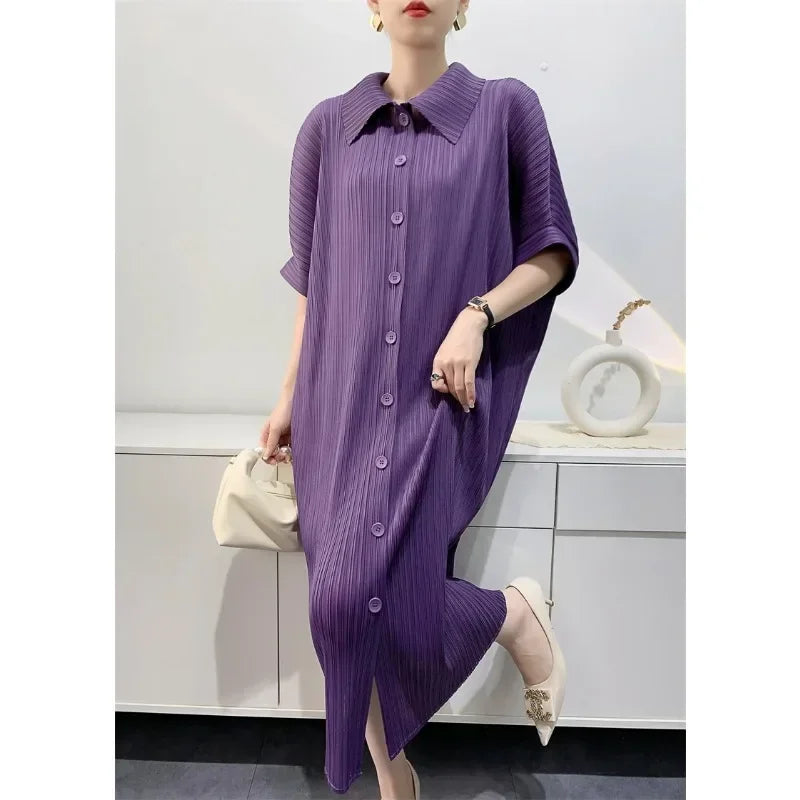 Pleated Dress Women's Loose Plus Size Mid Length Bat Sleeve