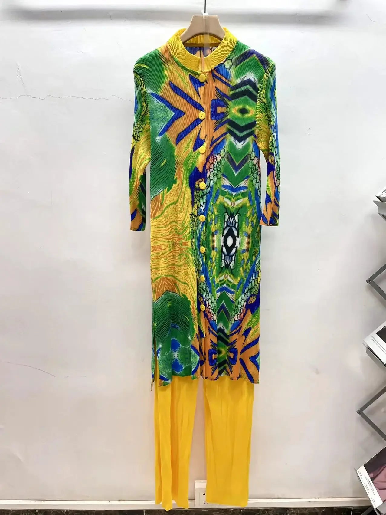 Miyake Pleated Printed Cardigan Stand-up Collar Long Top + High-waisted Versatile Straight-leg Pants 2-piece Set