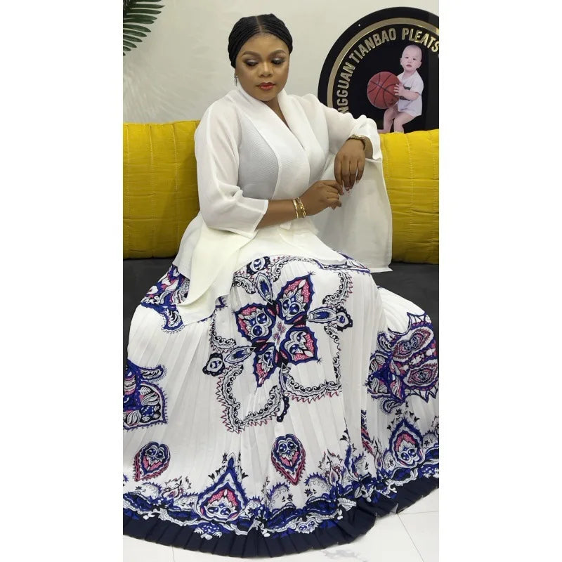 One Size Pleated Elegant Party 2 Piece Set Women Belt Batwing Sleeves Tops A-line Print Folds Long Skirt Fashion New Sets