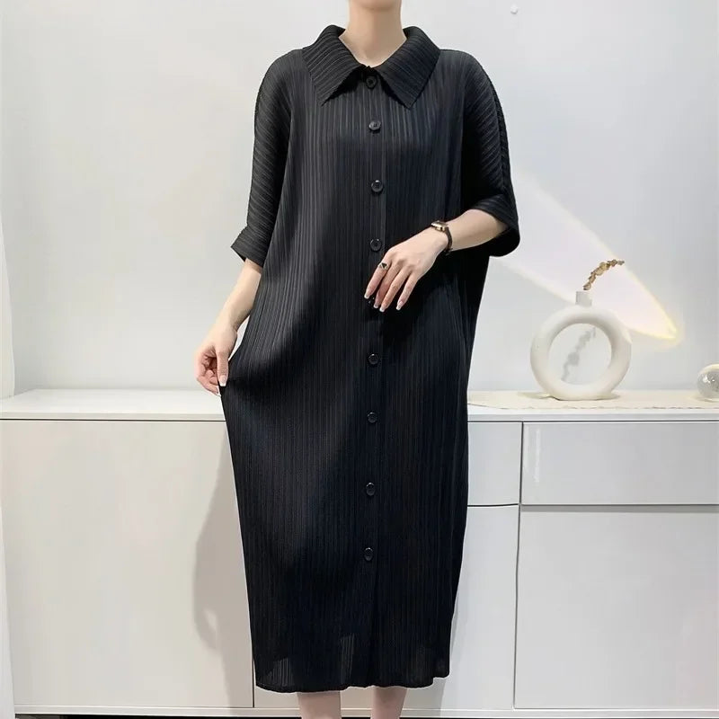 Pleated Dress Women's Loose Plus Size Mid Length Bat Sleeve