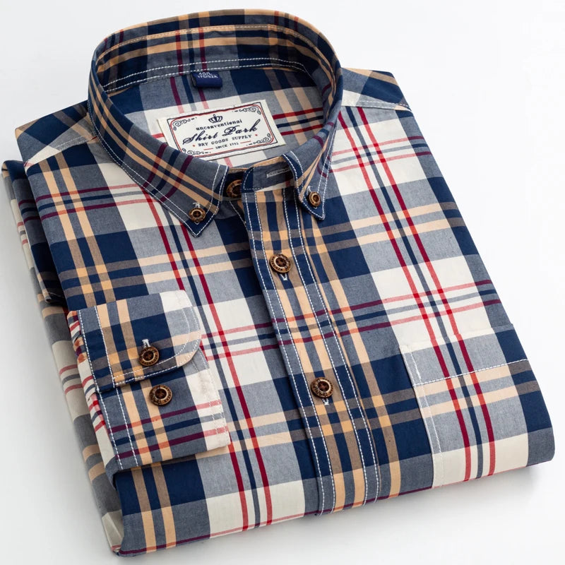 England Style Casual Checkered Shirts Pocketless Button-down Cotton Long Sleeve Standard-fit Plaid Shirt