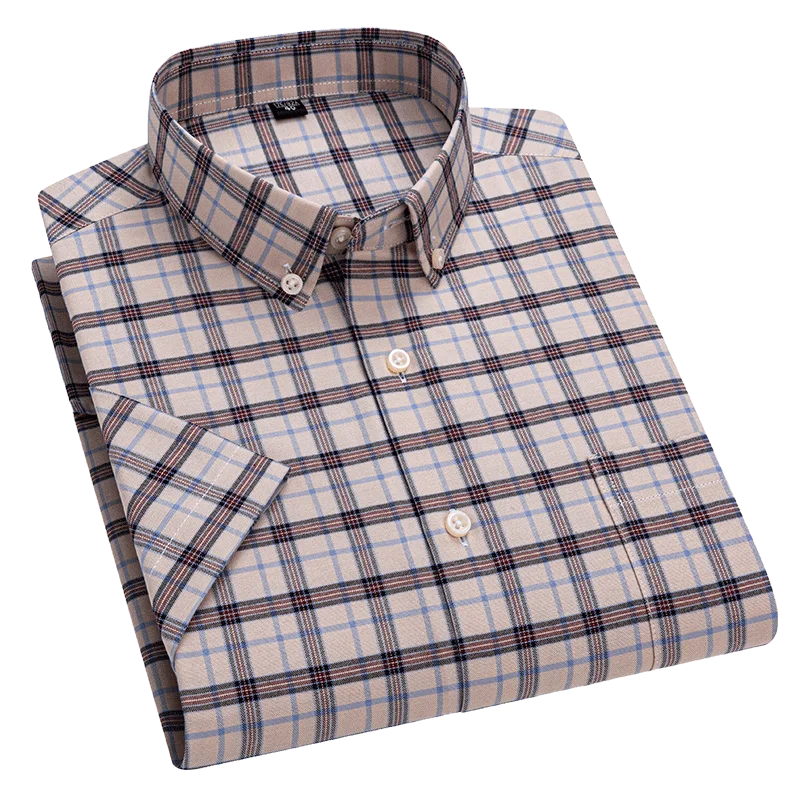 Cotton Summer Stripe Shirts Short Sleeve Oxford Plaid Slim Fit