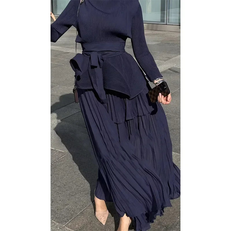 Pleated Women's Suit Irregular Lantern top and Long Skirt Two-piece Set