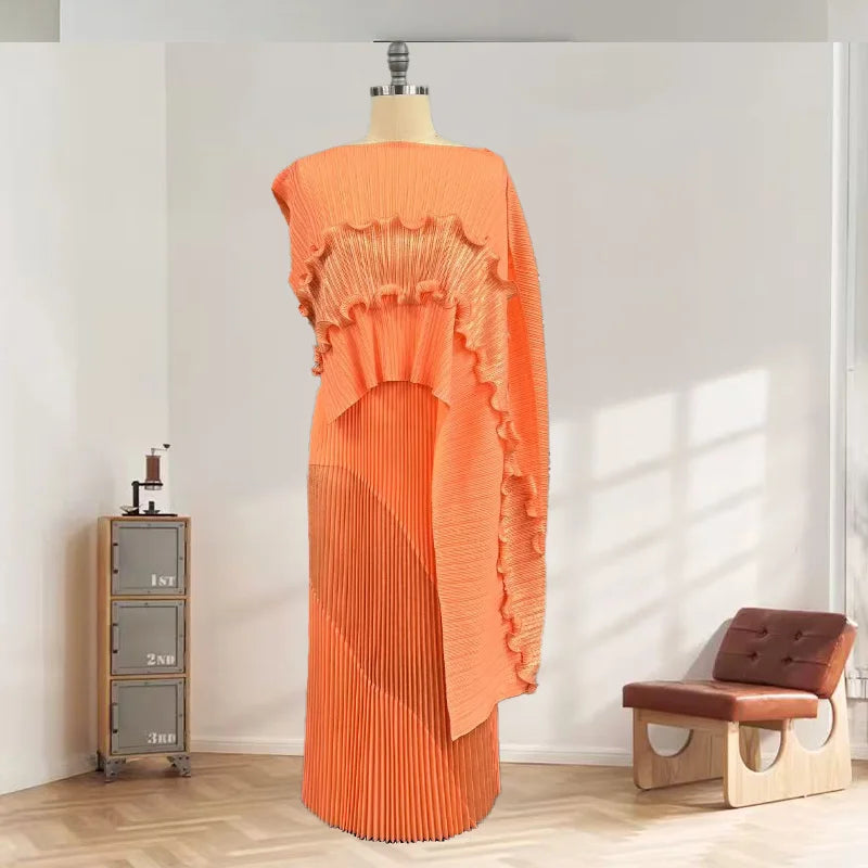 Free Size Pleated Skirt Suit One-shoulder Top + long Skirt Women's 2-piece Set