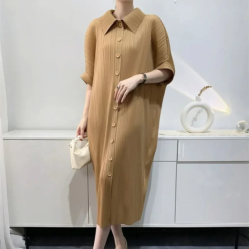 Pleated Dress Women's Loose Plus Size Mid Length Bat Sleeve