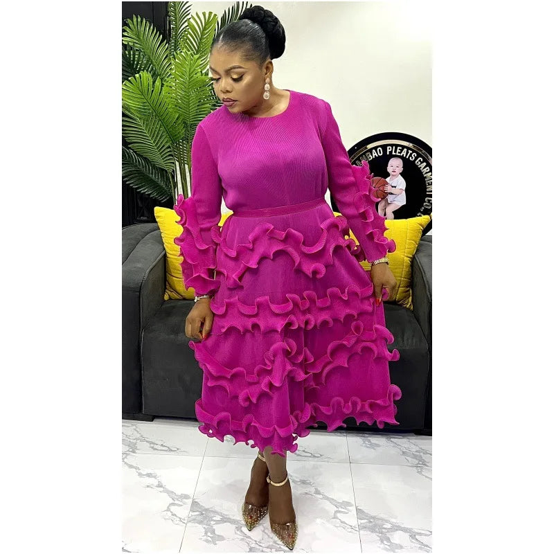 Pleated Elegant Dress Long Sleeve Loose Plus Size Women's Dress