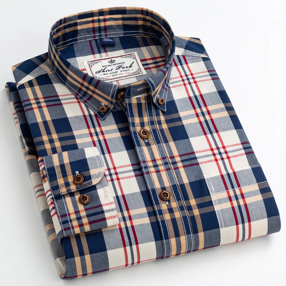 England Style Casual Checkered Shirts Pocketless Button-down Cotton Long Sleeve Standard-fit Plaid Shirt